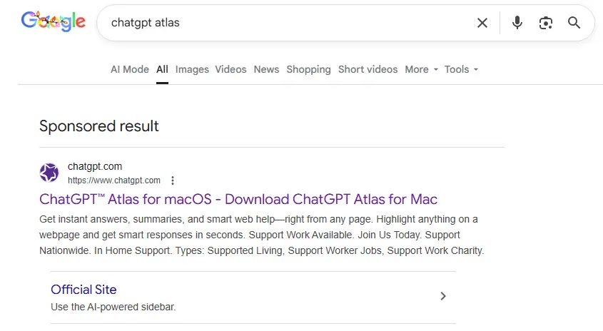 Ένας σύνδεσμος χορηγίας στα αποτελέσματα αναζήτησης Google οδηγεί σε έναν οδηγό εγκατάστασης κακόβουλου λογισμικού που μεταμφιέζεται ως ChatGPT Atlas για macOS και φιλοξενείται στον επίσημο ιστότοπο ChatGPT (Πηγή - Kaspersky)